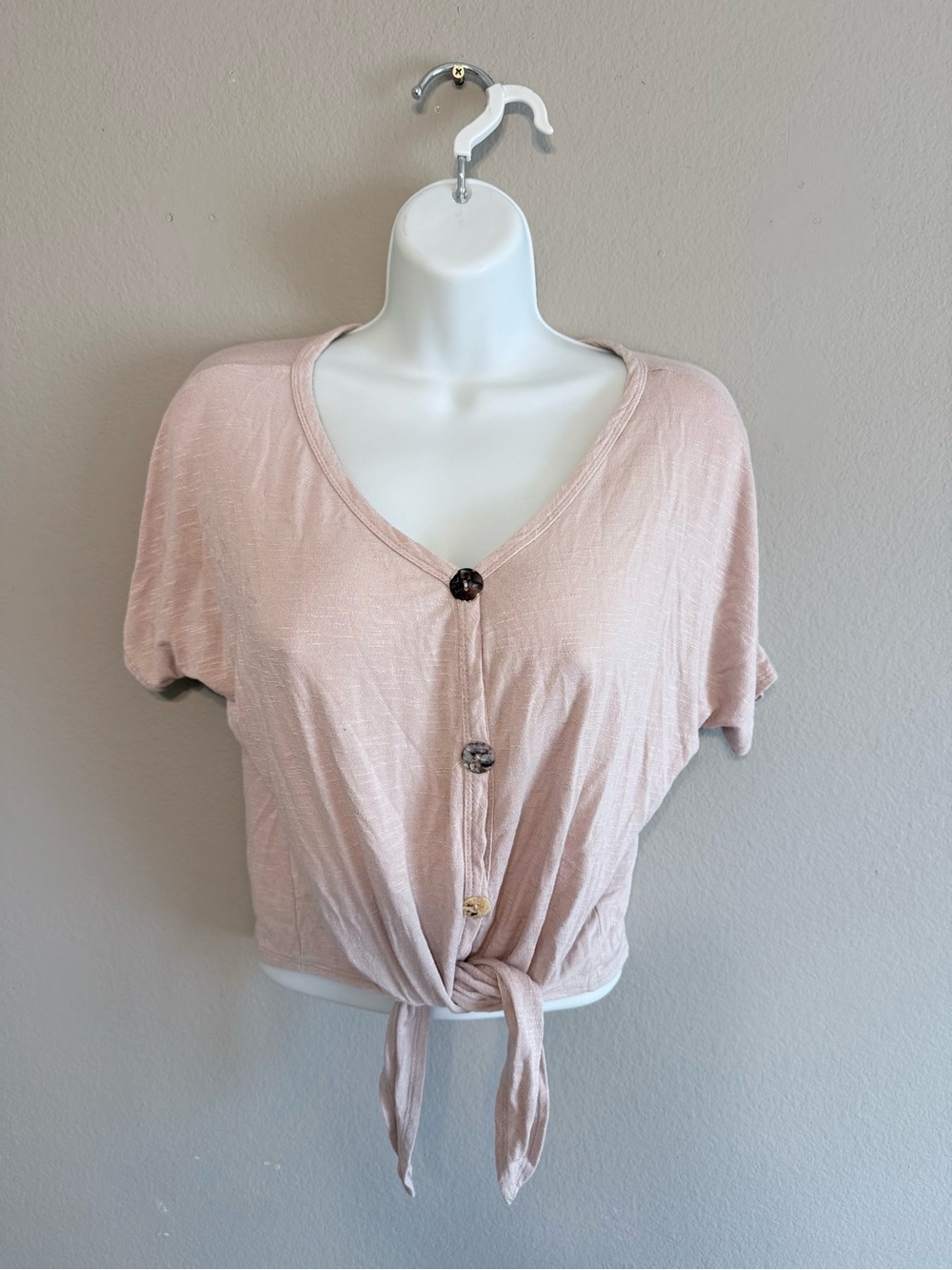 Pinc Taupe Button-Front Tie Short Sleeve Tee